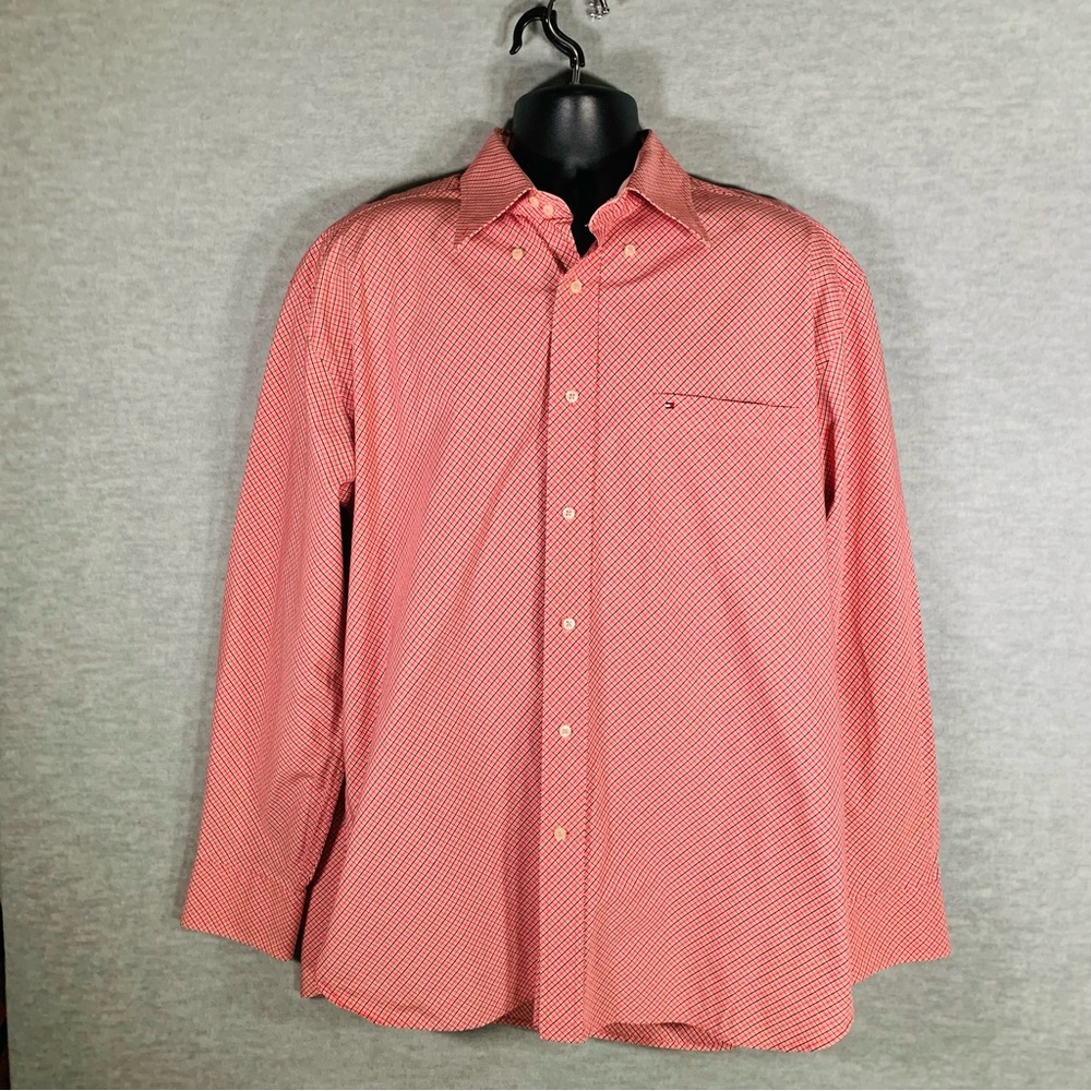 Tommy Hilfiger 80’s 2 Ply Button Up Shirt Men’s XL Pink Blue Plaid Cotton Casual